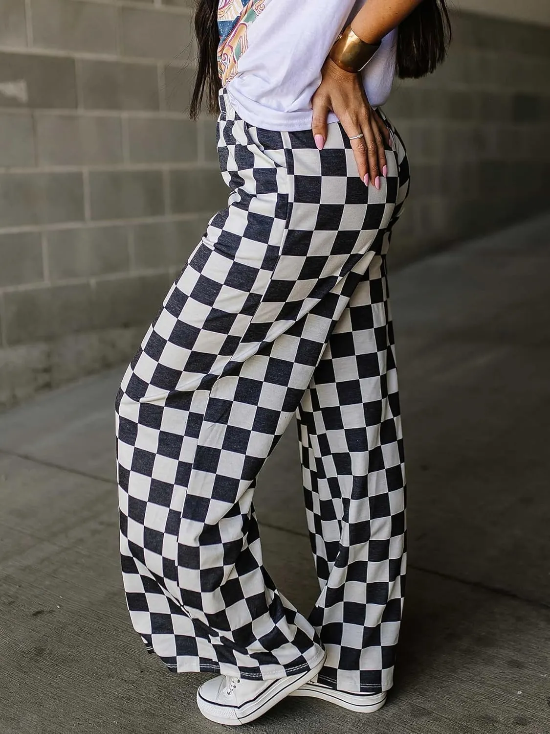 IWOLLENCE Women's Casual Loose Checkered Wide Leg Pants High Waist Straight Lounge Y2K Gingham Trousers Summer