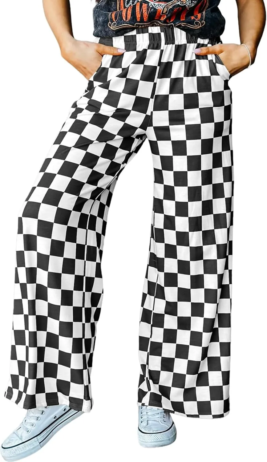 IWOLLENCE Women's Casual Loose Checkered Wide Leg Pants High Waist Straight Lounge Y2K Gingham Trousers Summer