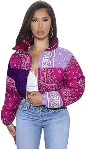 iXubem Women's Cropped Puffer Jackets Full Zip Lightweight Vintage Bandana Shiny Short Winter Bubble Coat Jacket