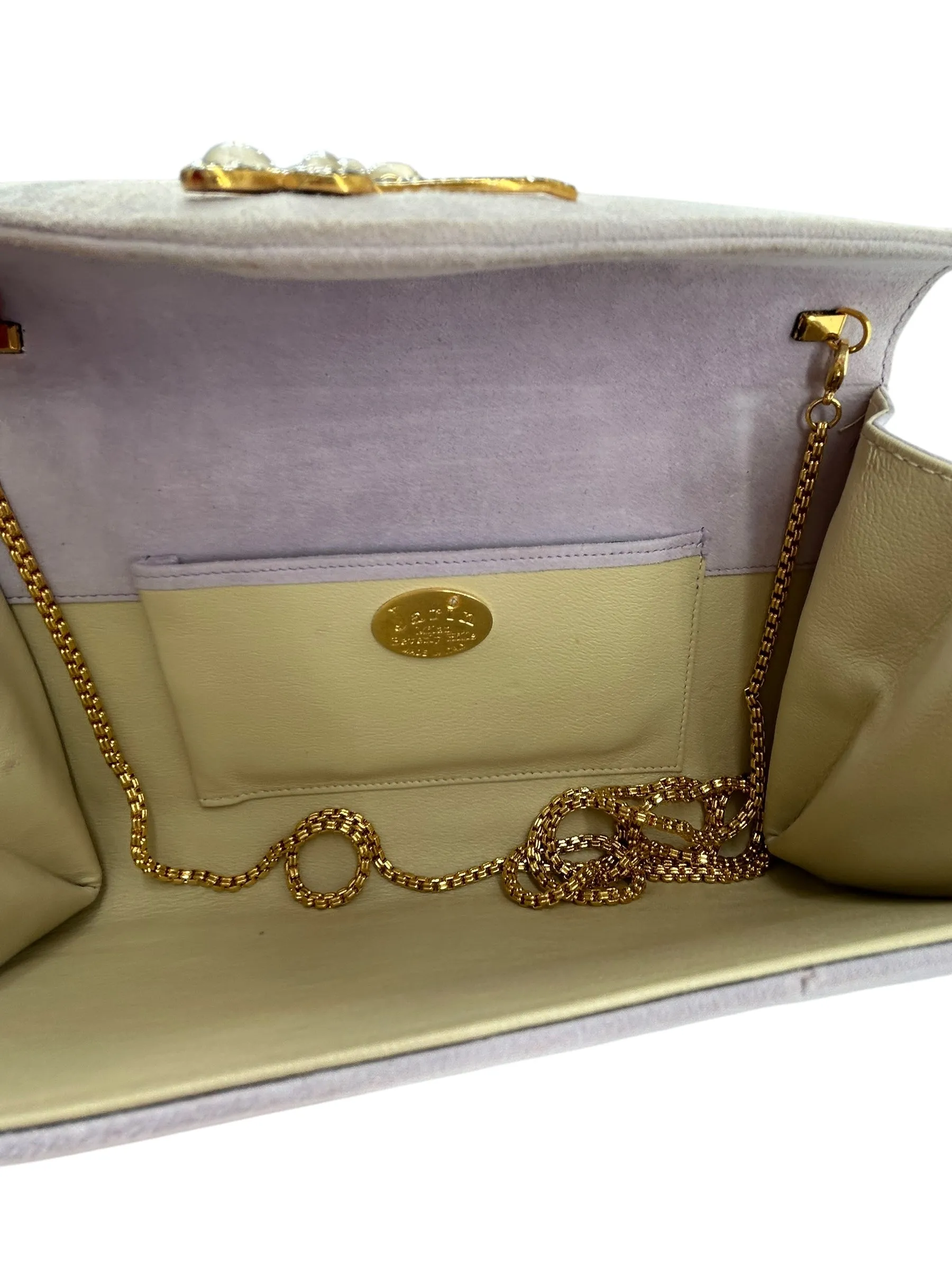 Jarin 1990s Lavender Suede Purse with Rhinestone Dragonfly and Chain Strap
