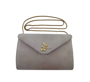 Jarin 1990s Lavender Suede Purse with Rhinestone Dragonfly and Chain Strap