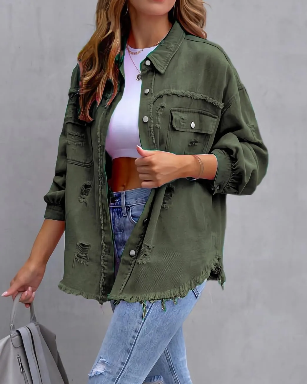 Jean Jacket for Women fashion Denim Ripped Distressed Jacker for Womens Coat Long Sleeve