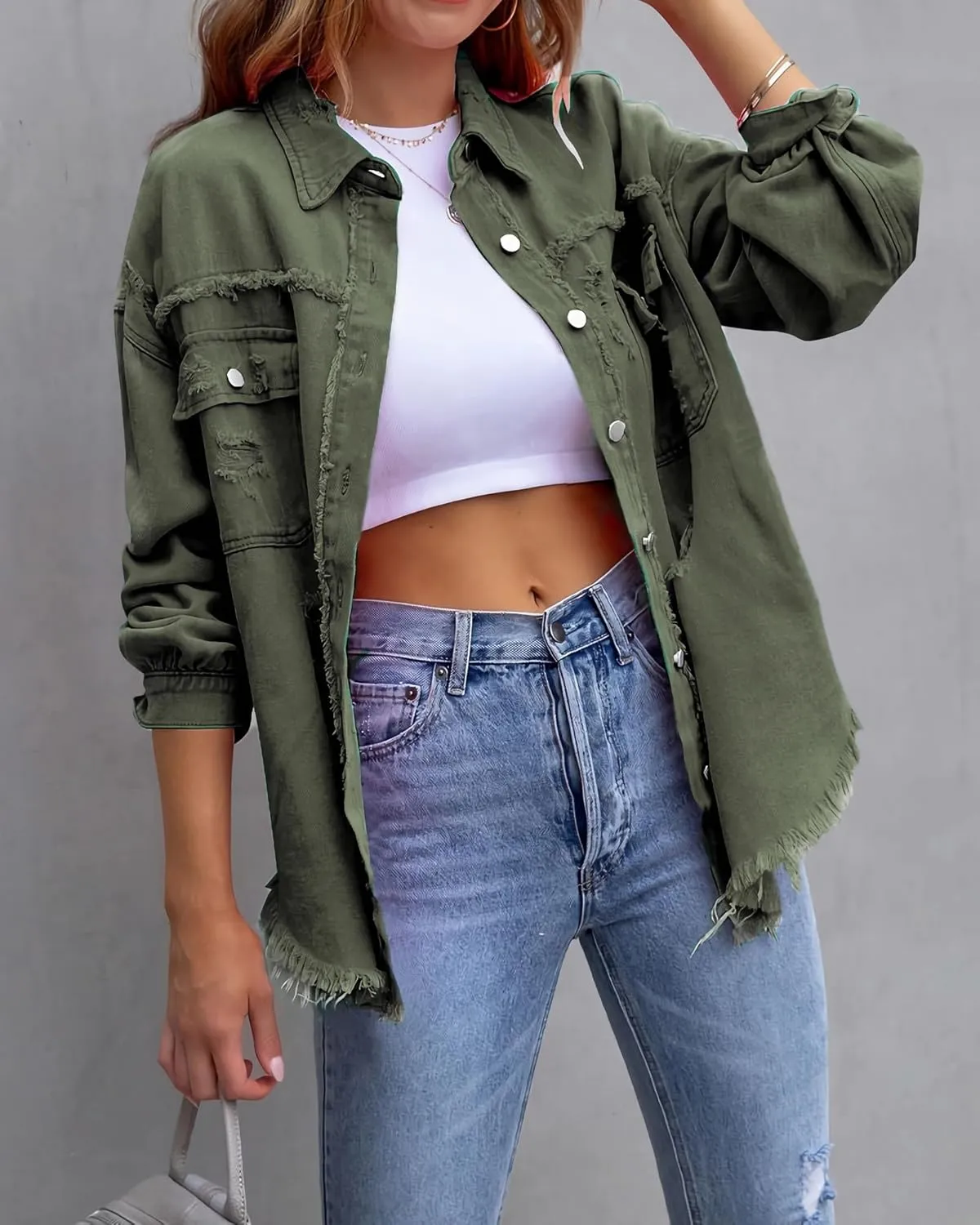 Jean Jacket for Women fashion Denim Ripped Distressed Jacker for Womens Coat Long Sleeve