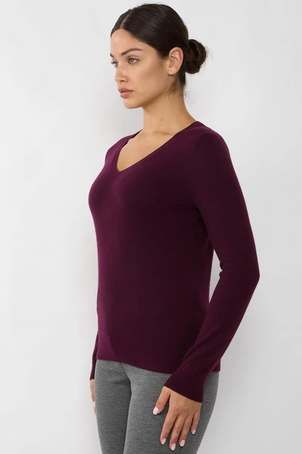 JENNIE LIU Women's 100% Pure Cashmere Long Sleeve Pullover V Neck Sweater