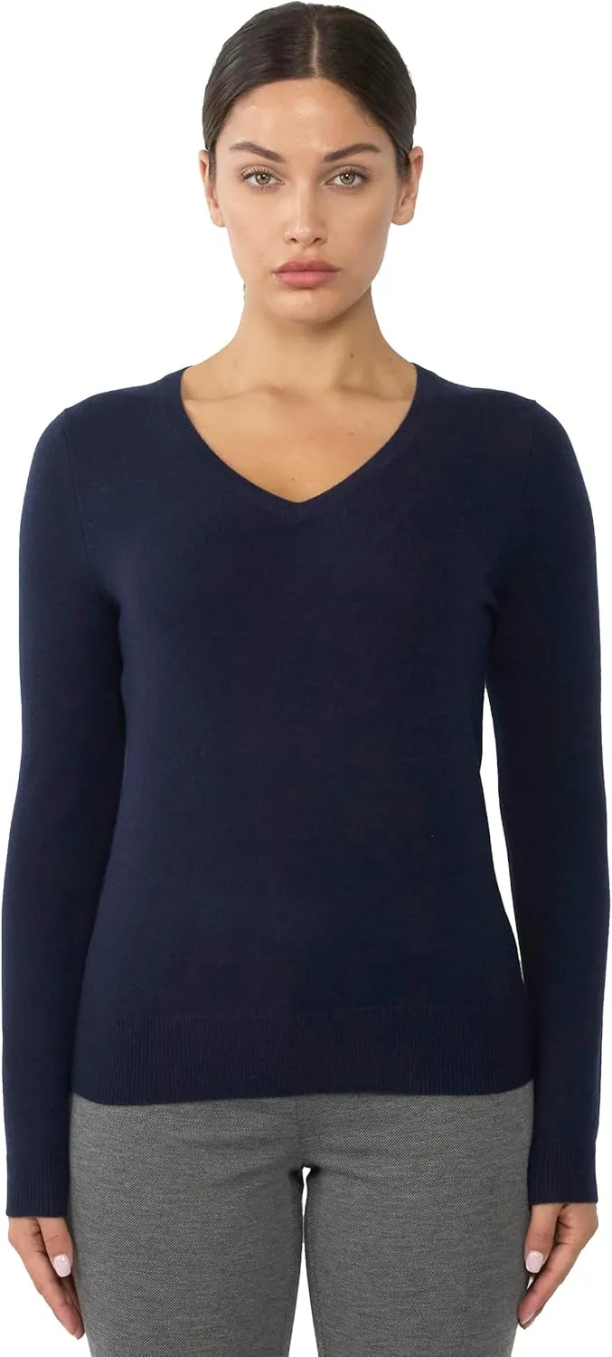JENNIE LIU Women's 100% Pure Cashmere Long Sleeve Pullover V Neck Sweater