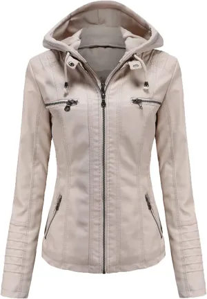 JEsilunmaMY Women's Leather Jacket with Removable Hooded Full Zip Long Sleeve Moto Biker Coat Plus Size Motorcycle Jackets