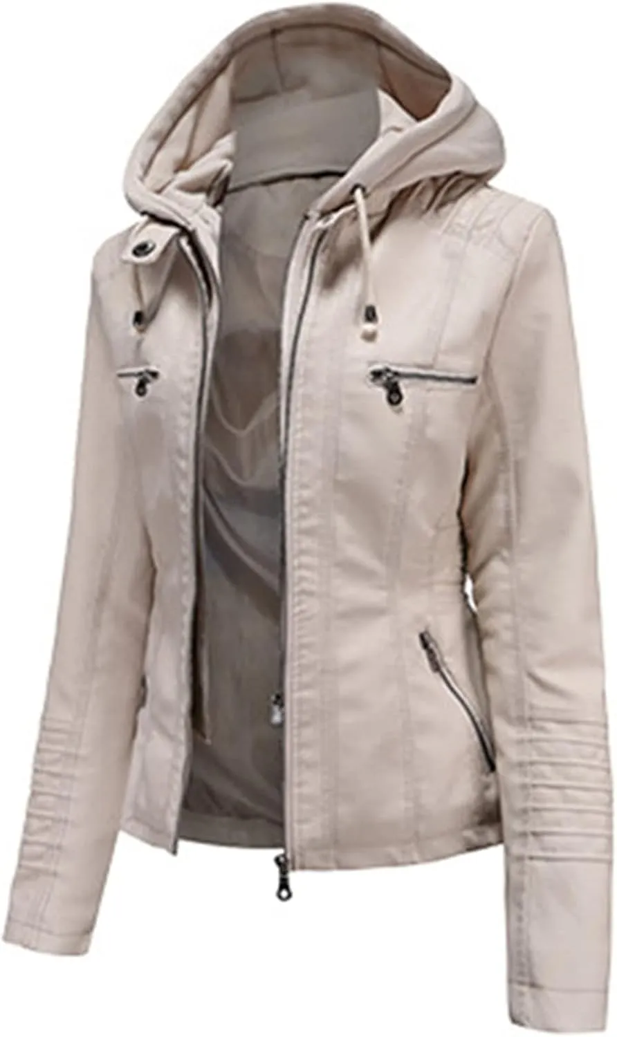 JEsilunmaMY Women's Leather Jacket with Removable Hooded Full Zip Long Sleeve Moto Biker Coat Plus Size Motorcycle Jackets