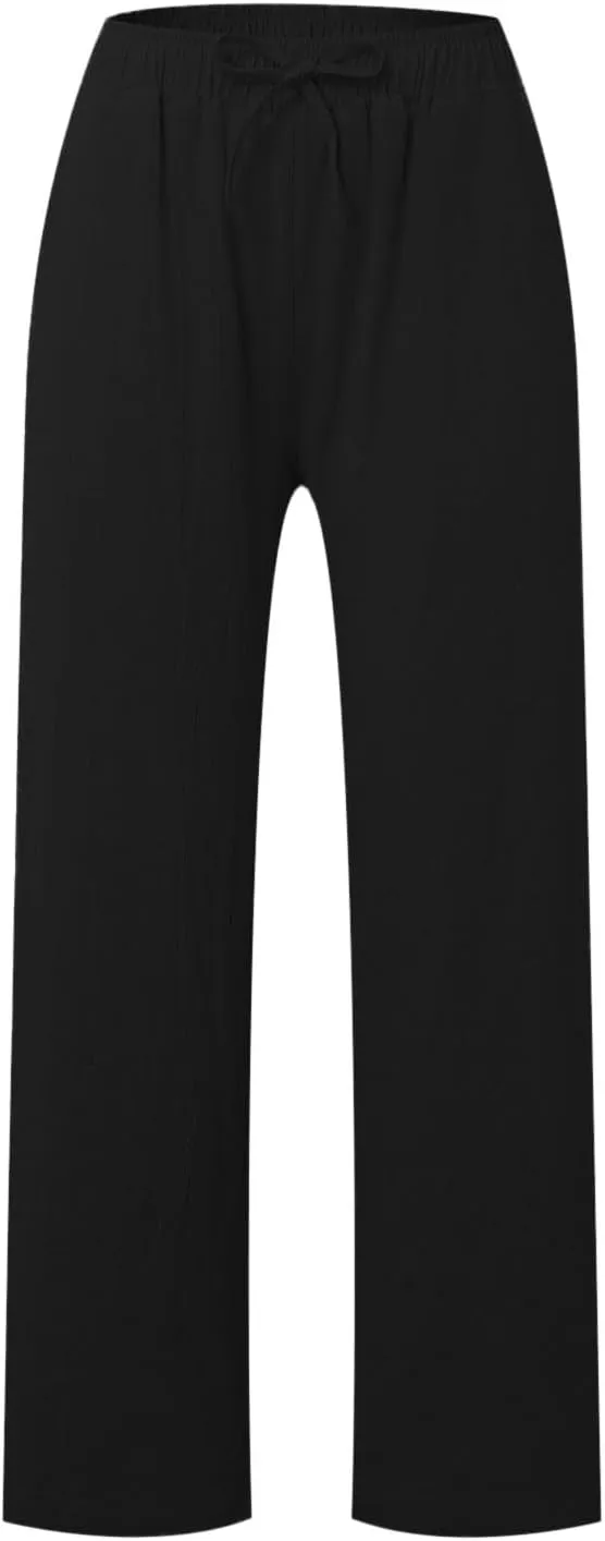 JiXiang Women Linen Pants Summer Wide Leg Casual Loose Drawstring High Waist Palazzo Pants Trousers with Pockets