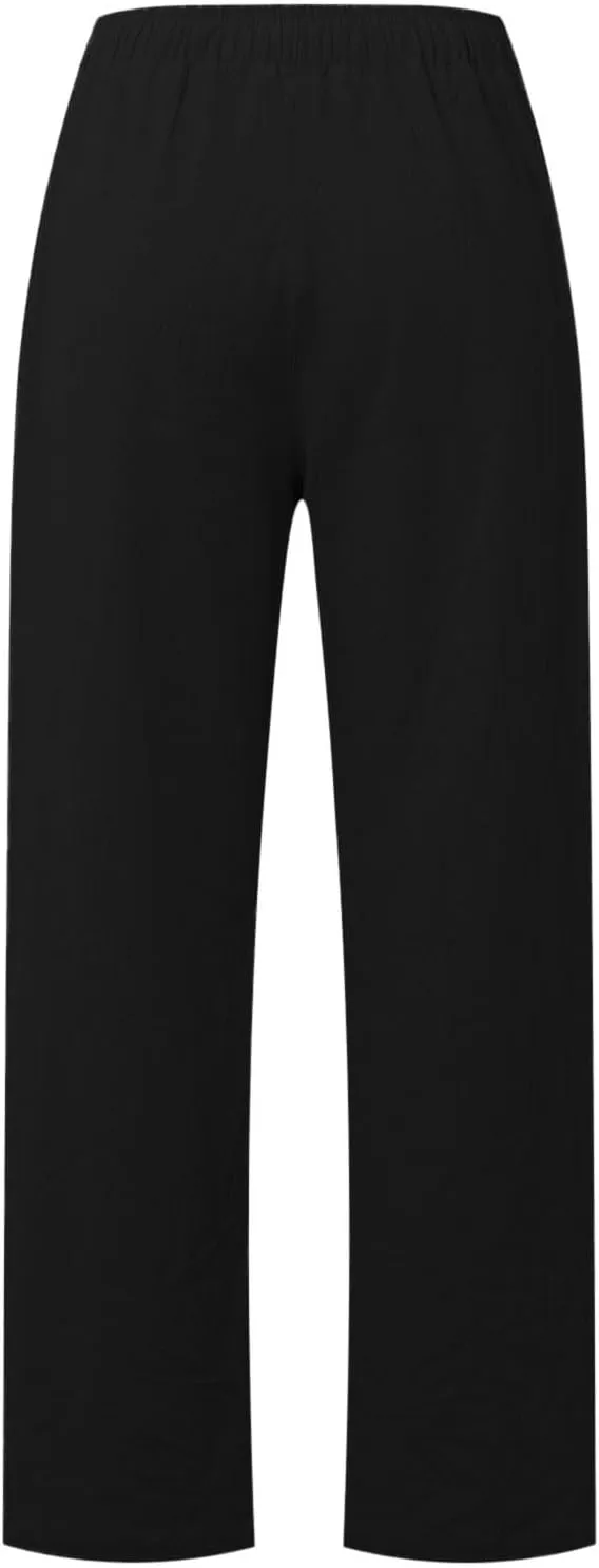 JiXiang Women Linen Pants Summer Wide Leg Casual Loose Drawstring High Waist Palazzo Pants Trousers with Pockets