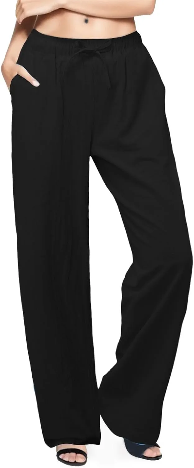 JiXiang Women Linen Pants Summer Wide Leg Casual Loose Drawstring High Waist Palazzo Pants Trousers with Pockets