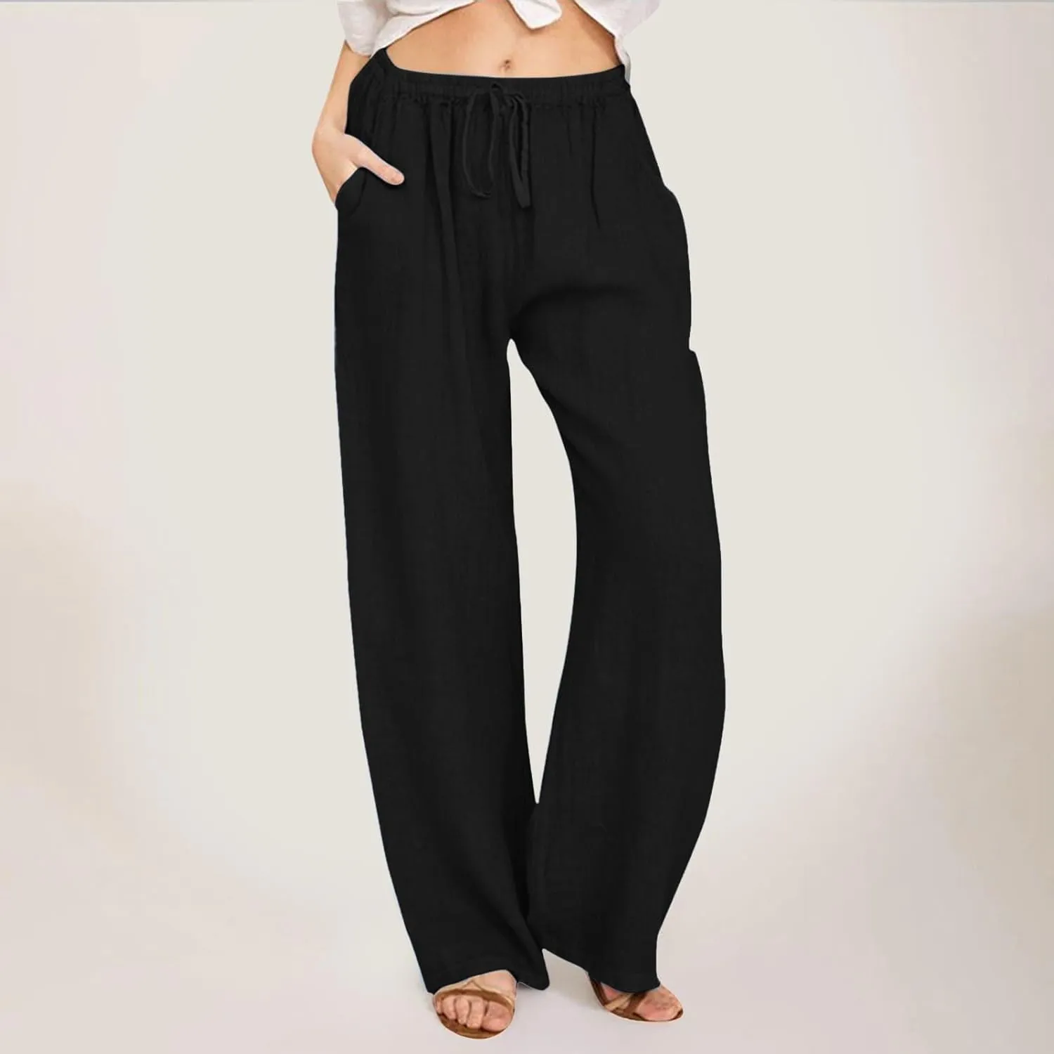 JiXiang Women Linen Pants Summer Wide Leg Casual Loose Drawstring High Waist Palazzo Pants Trousers with Pockets