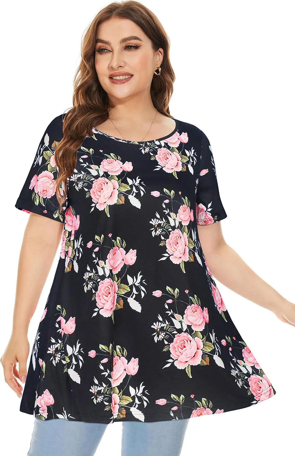 JOELLYUS Plus Size Tops for Women Tunic Floral Casual Short Sleeves T Shirts Flowy Blouses