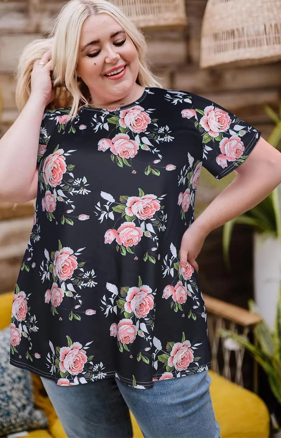 JOELLYUS Plus Size Tops for Women Tunic Floral Casual Short Sleeves T Shirts Flowy Blouses