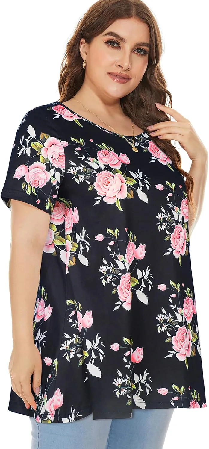 JOELLYUS Plus Size Tops for Women Tunic Floral Casual Short Sleeves T Shirts Flowy Blouses