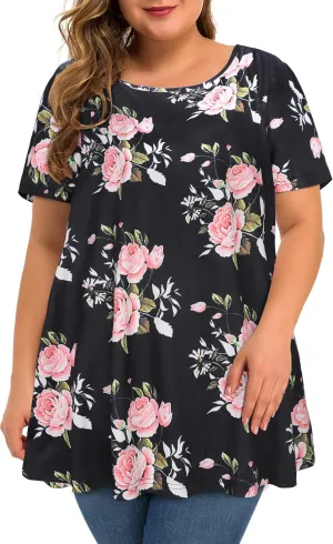 JOELLYUS Plus Size Tops for Women Tunic Floral Casual Short Sleeves T Shirts Flowy Blouses