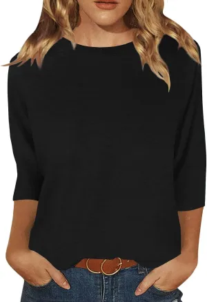 JomeDesign Womens Tops 3/4 Sleeve Shirts Round Neck Loose Casual Blouses Floral Print Tshirts