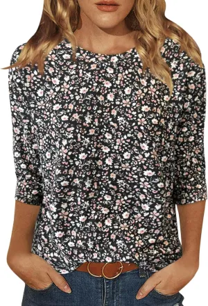 JomeDesign Womens Tops 3/4 Sleeve Shirts Round Neck Loose Casual Blouses Floral Print Tshirts