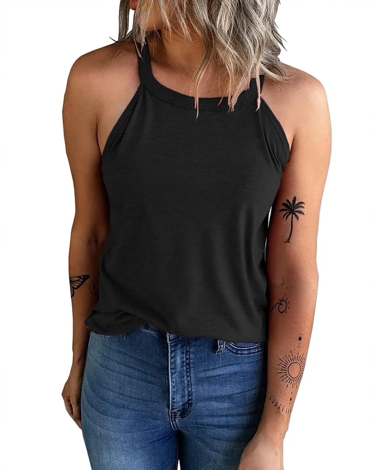 KINLONSAIR Women's Summer Sleeveless Halter Tee Shirts Crew Neck Workout Tank Tops Casual Plain Cami Shirts
