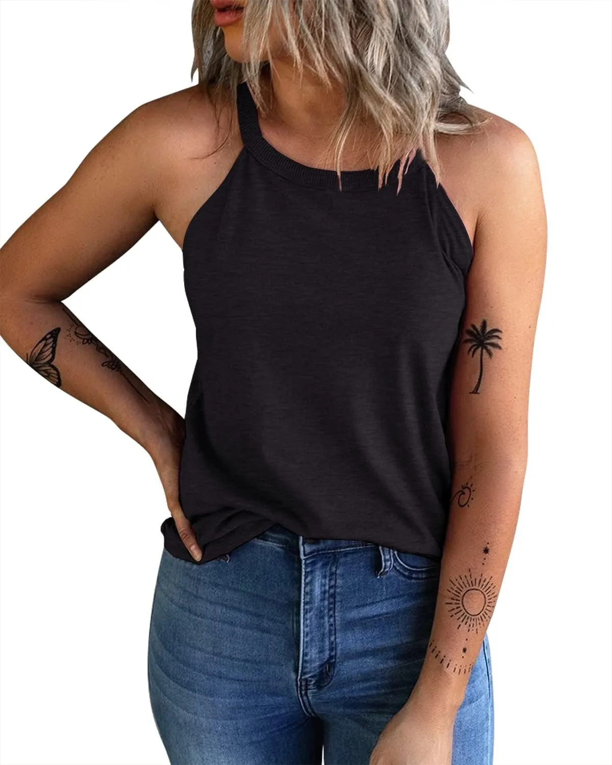 KINLONSAIR Women's Summer Sleeveless Halter Tee Shirts Crew Neck Workout Tank Tops Casual Plain Cami Shirts