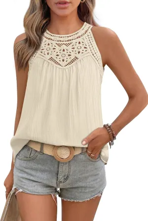 KIRUNDO Halter Tank Tops for Women 2025 Crochet Lace Summer Shirts Boho Cute Sleeveless Blouses Beach Vacation Outfits