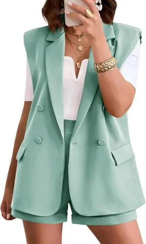 KIRUNDO Womens 2 Piece Sets Summer 2025 Dressy Sleeveless Blazer and High Waist Shorts Set Suit Business Casual Outfits