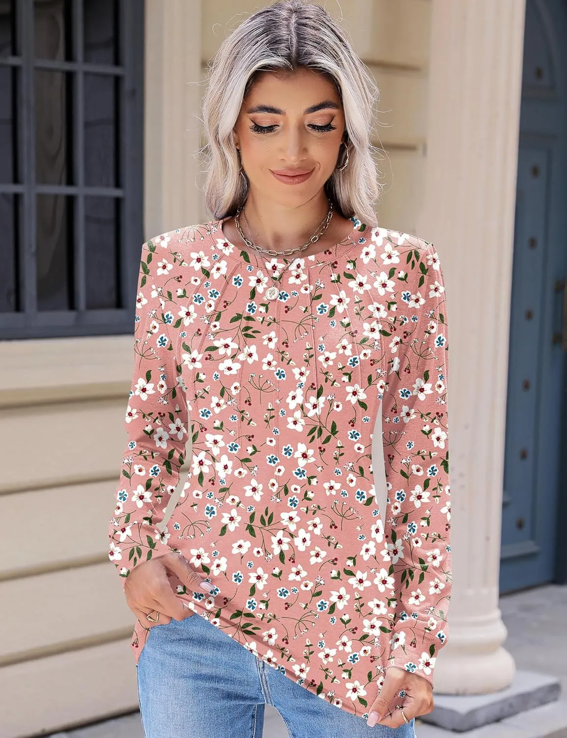 Kistore Womens Long Sleeve Tops Crew Neck Pleated Casual Dressy Blouses T Shirts Fall Clothes 2024