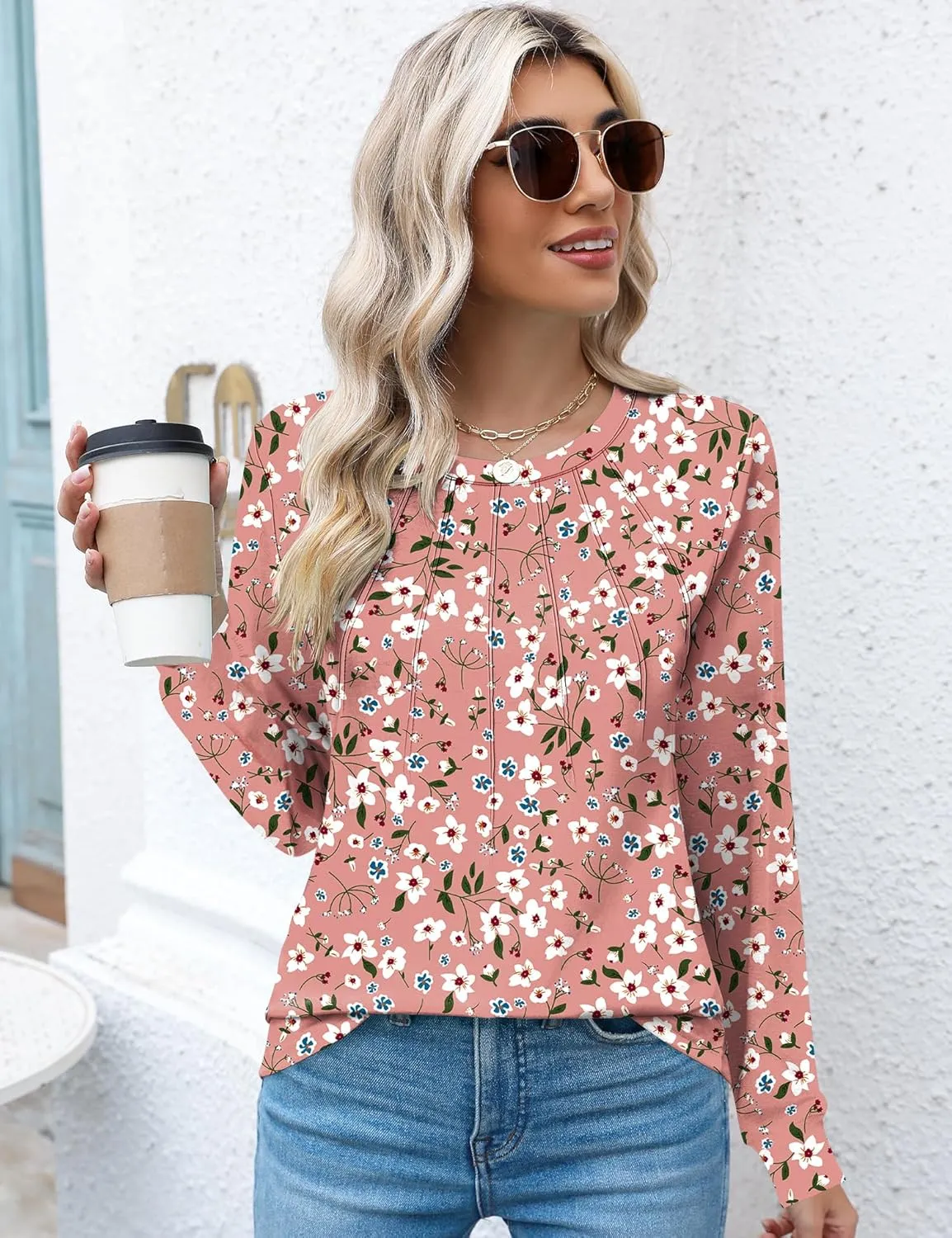 Kistore Womens Long Sleeve Tops Crew Neck Pleated Casual Dressy Blouses T Shirts Fall Clothes 2024