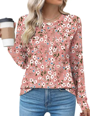 Kistore Womens Long Sleeve Tops Crew Neck Pleated Casual Dressy Blouses T Shirts Fall Clothes 2024