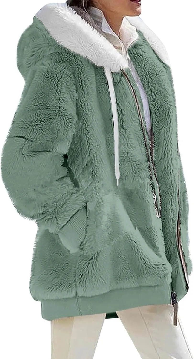 lcyhony Winter Coats for Women Sherpa Fleece Warm Comfy Zip Up Jackets Plus Size Faux Fur Hooded Outerwear with Pockets