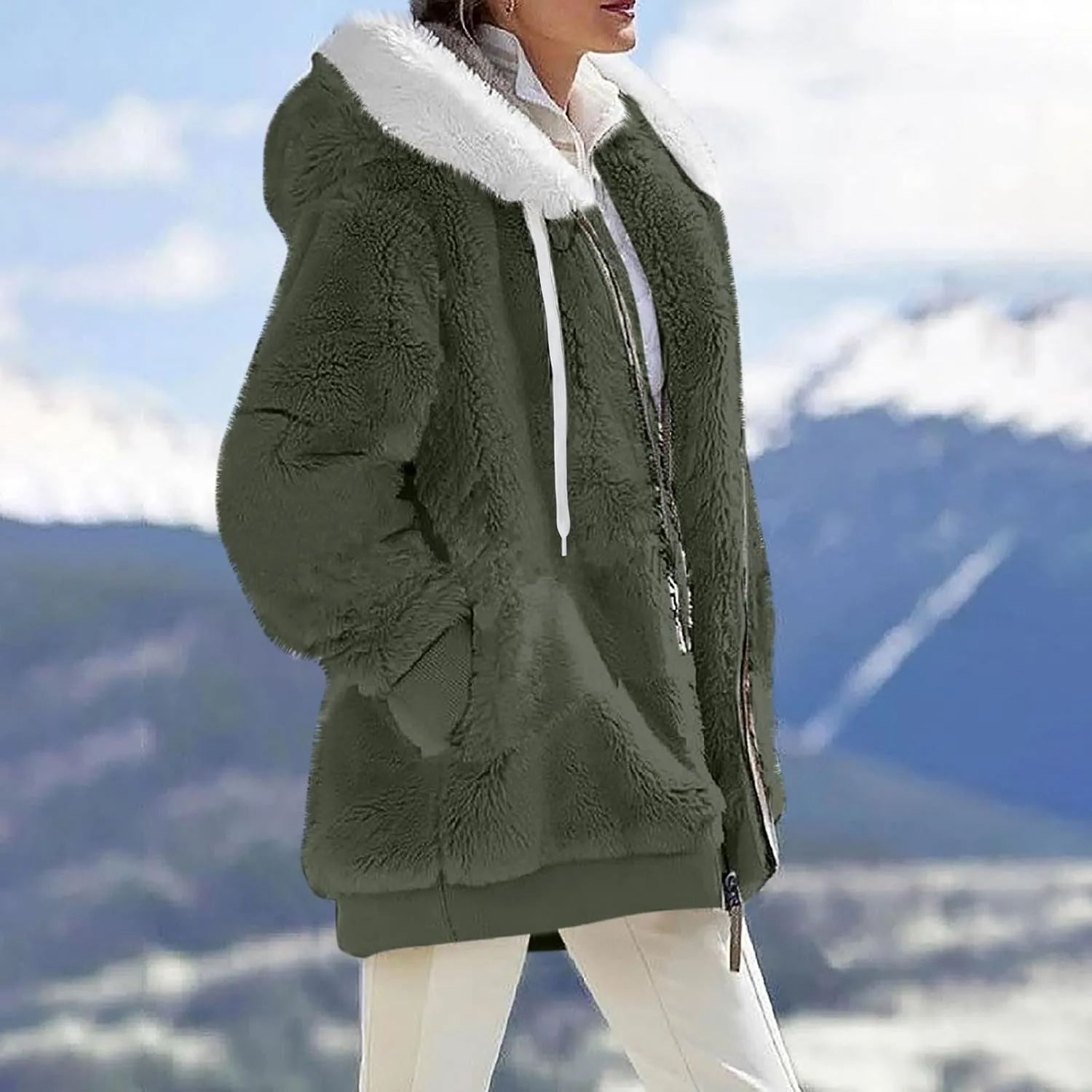 lcyhony Winter Coats for Women Sherpa Fleece Warm Comfy Zip Up Jackets Plus Size Faux Fur Hooded Outerwear with Pockets