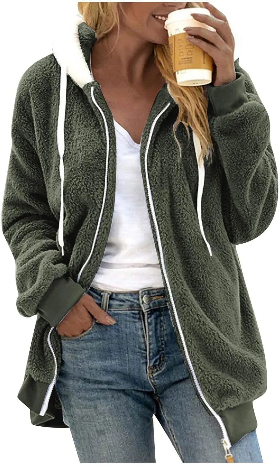 lcyhony Winter Coats for Women Sherpa Fleece Warm Comfy Zip Up Jackets Plus Size Faux Fur Hooded Outerwear with Pockets