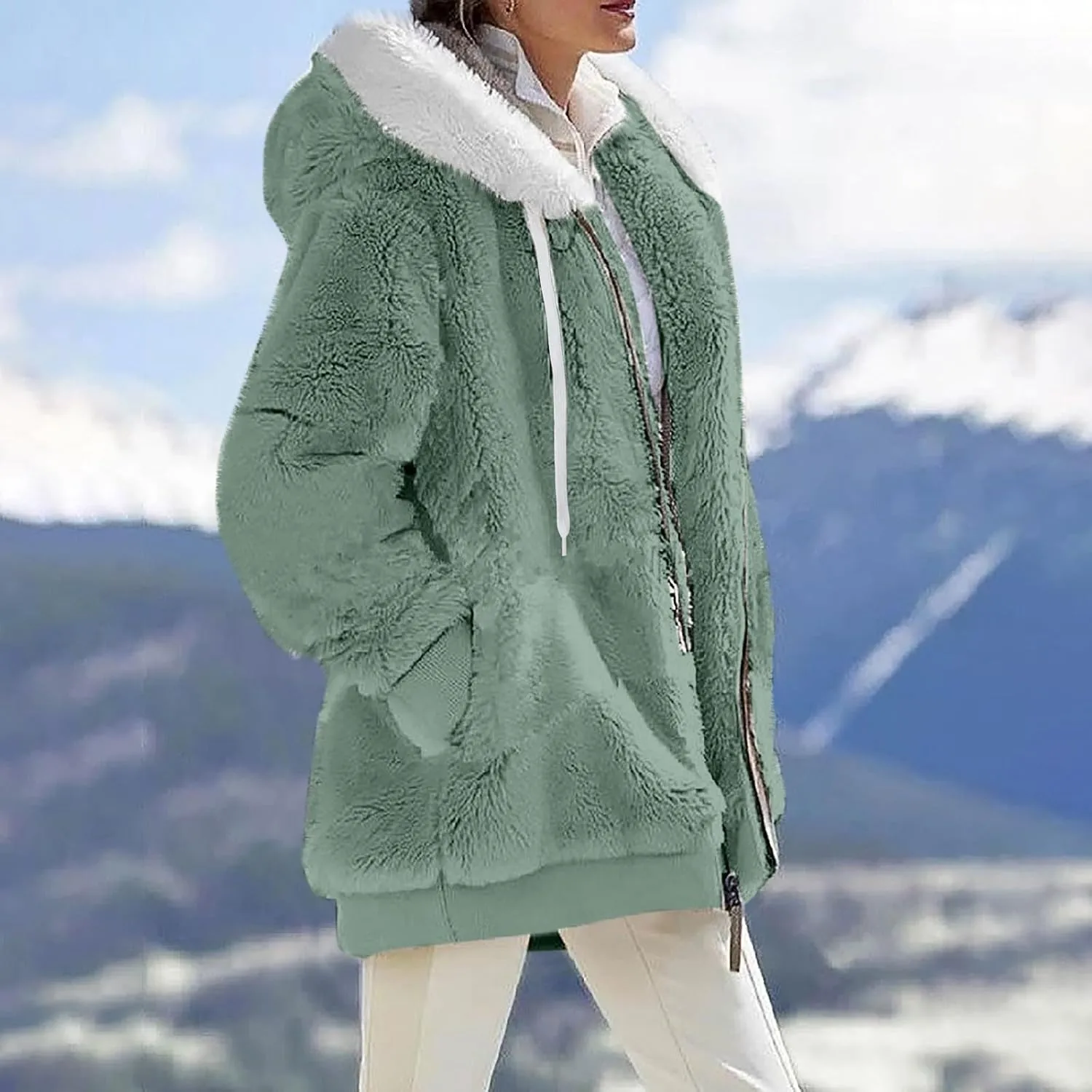 lcyhony Winter Coats for Women Sherpa Fleece Warm Comfy Zip Up Jackets Plus Size Faux Fur Hooded Outerwear with Pockets