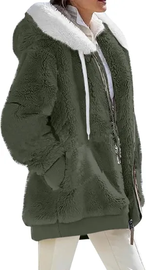 lcyhony Winter Coats for Women Sherpa Fleece Warm Comfy Zip Up Jackets Plus Size Faux Fur Hooded Outerwear with Pockets