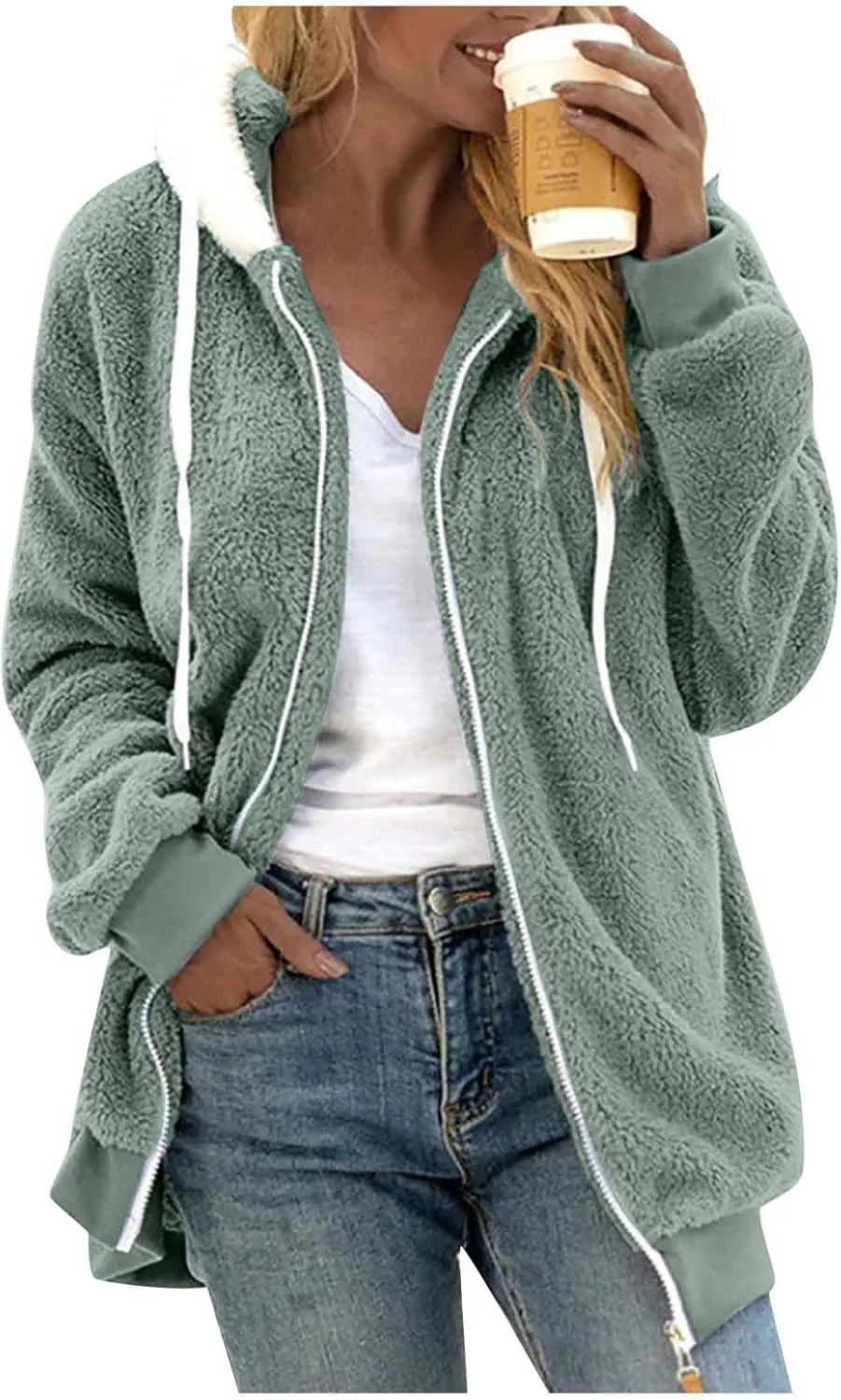 lcyhony Winter Coats for Women Sherpa Fleece Warm Comfy Zip Up Jackets Plus Size Faux Fur Hooded Outerwear with Pockets