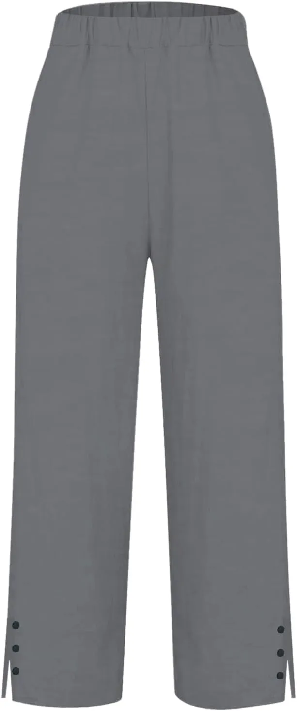 Leggings for Women Solid Elastic Pants Long Drawstring Linen Women Waist Cotton Casual Slit Trouser Legs Pants