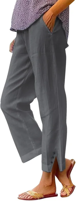 Leggings for Women Solid Elastic Pants Long Drawstring Linen Women Waist Cotton Casual Slit Trouser Legs Pants