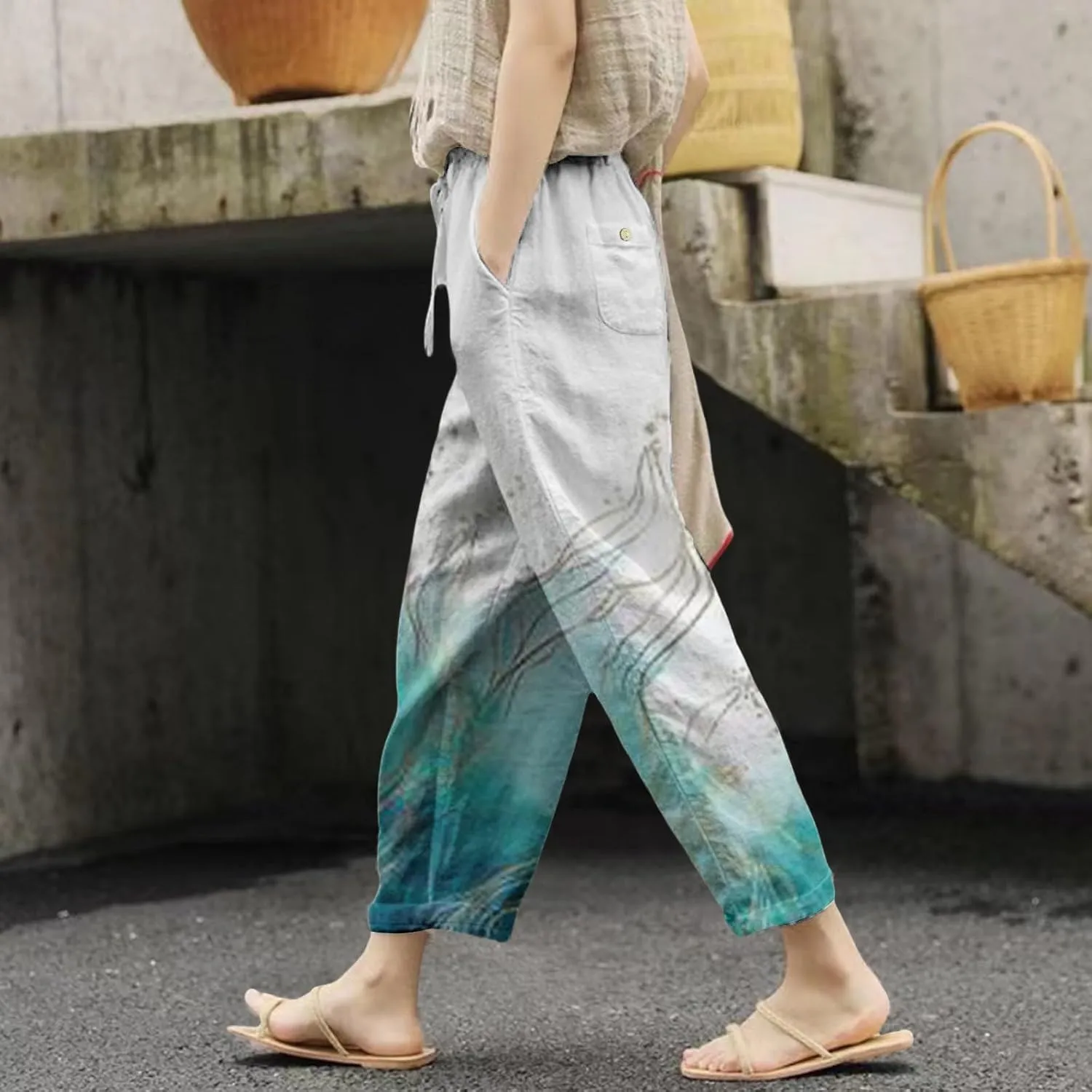 Leggings for Women Summer Casual Drawstring Pants Loose Cotton Linen Palazzo Pants Womens Linen Pants Womens Work