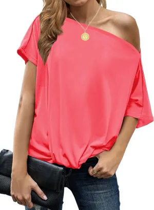 LEIYEE Womens Off Shoulder Tops Summer Casual Short Sleeve Front Twist Knot T Shirts Blouses