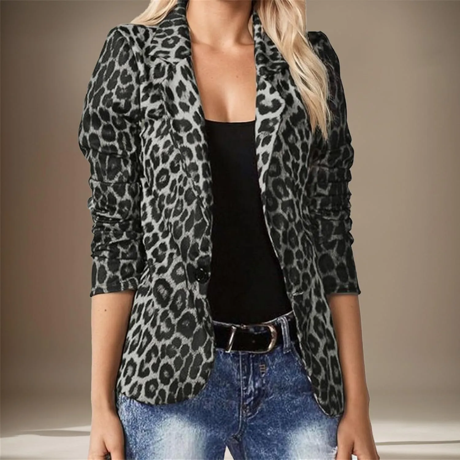Leopard Fitted Blazers for Women Dressy Notched Lapel Suit Jacket Business Casual Outfits, Single-Button Outwear with Pockets