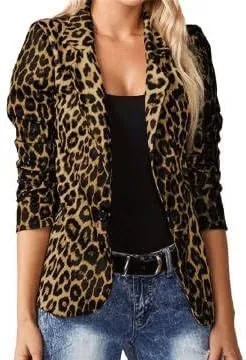 Leopard Fitted Blazers for Women Dressy Notched Lapel Suit Jacket Business Casual Outfits, Single-Button Outwear with Pockets
