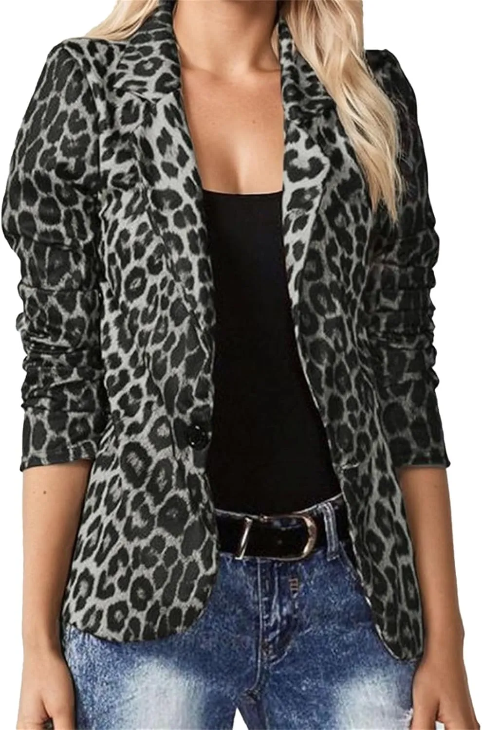 Leopard Fitted Blazers for Women Dressy Notched Lapel Suit Jacket Business Casual Outfits, Single-Button Outwear with Pockets