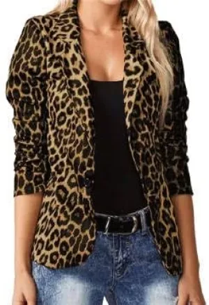 Leopard Fitted Blazers for Women Dressy Notched Lapel Suit Jacket Business Casual Outfits, Single-Button Outwear with Pockets