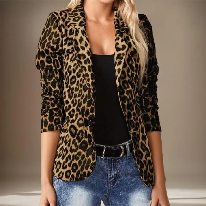 Leopard Fitted Blazers for Women Dressy Notched Lapel Suit Jacket Business Casual Outfits, Single-Button Outwear with Pockets
