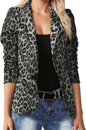 Leopard Fitted Blazers for Women Dressy Notched Lapel Suit Jacket Business Casual Outfits, Single-Button Outwear with Pockets