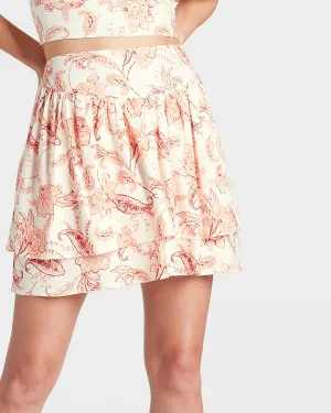 Linen-Blend Printed Tiered Ruffle Mini Skirt in Pink Print