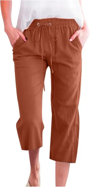 Linen Capri Pants for Women Casual 2025 Summer Drawstring High Waist Lounge Trouser with Pocket Plus Size Resort Wear
