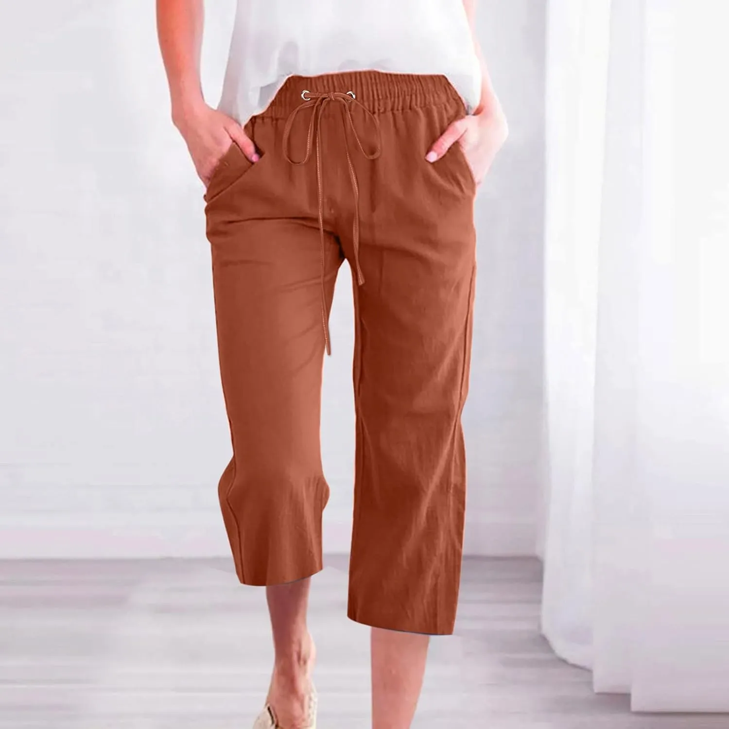 Linen Capri Pants for Women Casual 2025 Summer Drawstring High Waist Lounge Trouser with Pocket Plus Size Resort Wear