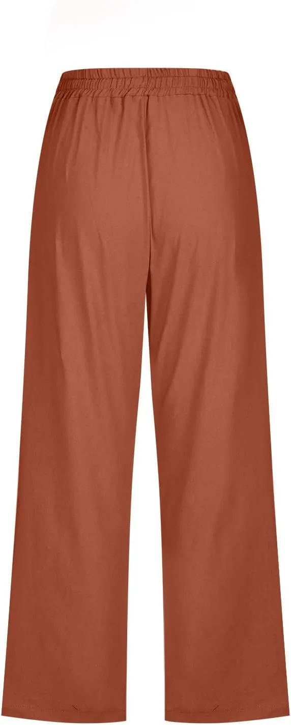 Linen Capri Pants for Women Casual 2025 Summer Drawstring High Waist Lounge Trouser with Pocket Plus Size Resort Wear