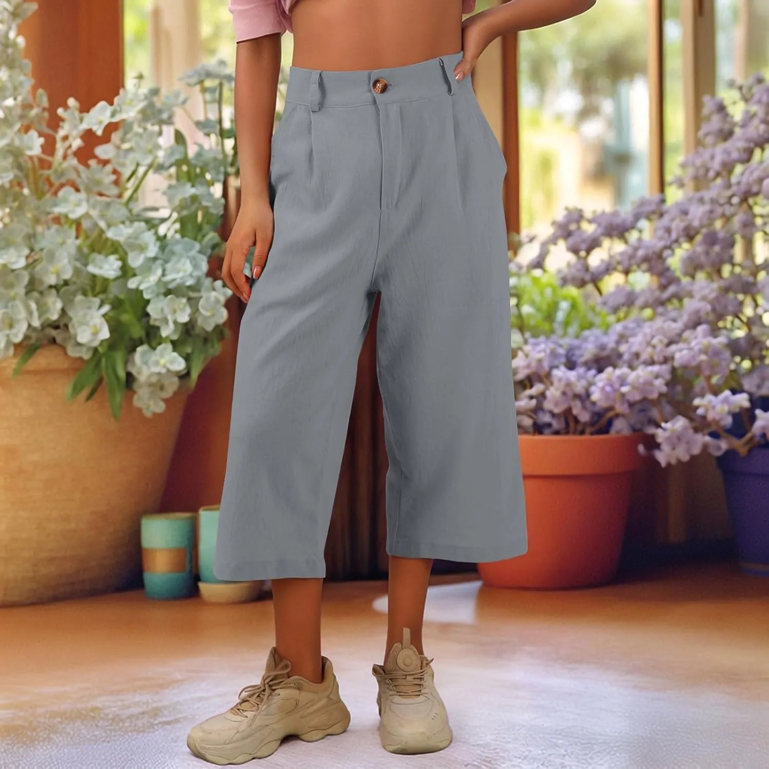 Linen Capri Pants for Women Casual Summer Loose Wide Leg Pants Trendy Button Down Waist Cropped Trouser with Pockets