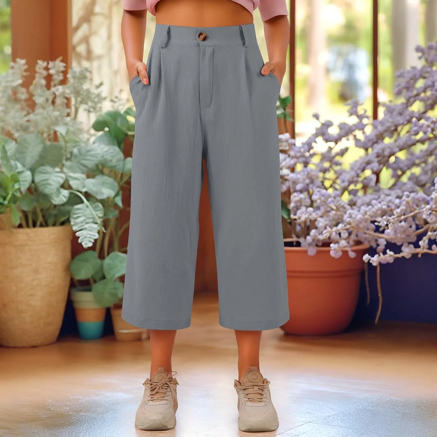Linen Capri Pants for Women Casual Summer Loose Wide Leg Pants Trendy Button Down Waist Cropped Trouser with Pockets